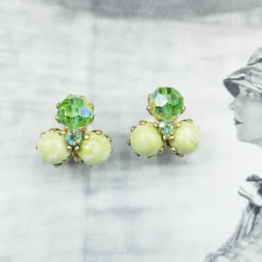 Vintage green Aurora Borealis clip earrings